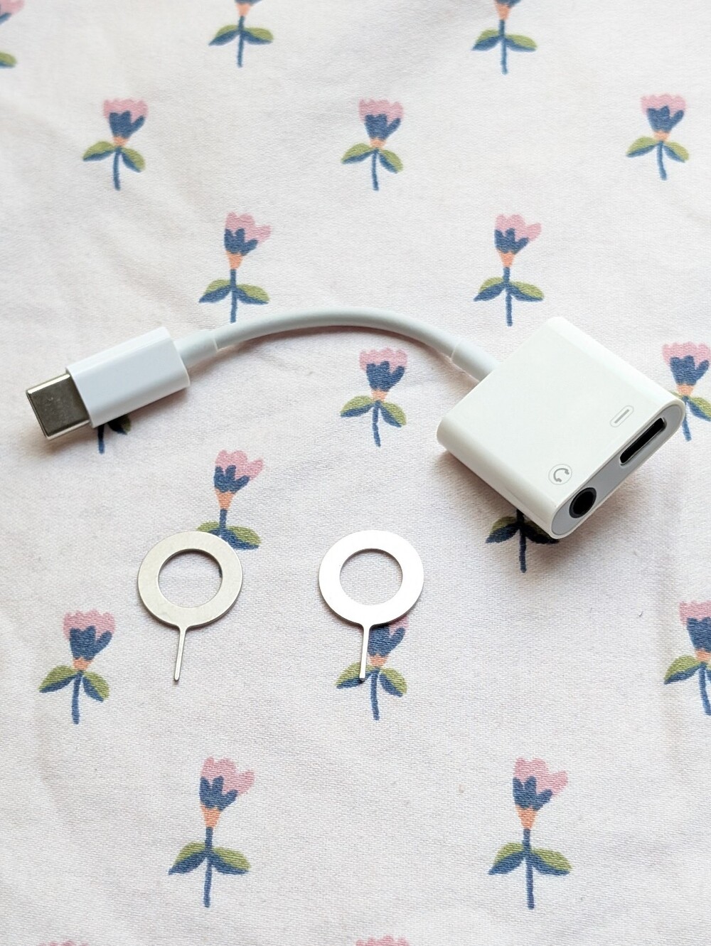 white USB-C 2-in-1 audio jack charging adapter & 2 metal SIM card ejector tools